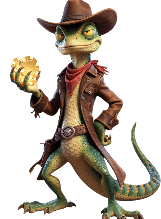 Lizaro Maskottchen: selbstbewusster Echsen-Cowboy mit Lederjacke, Hut und goldenen Pokerchips