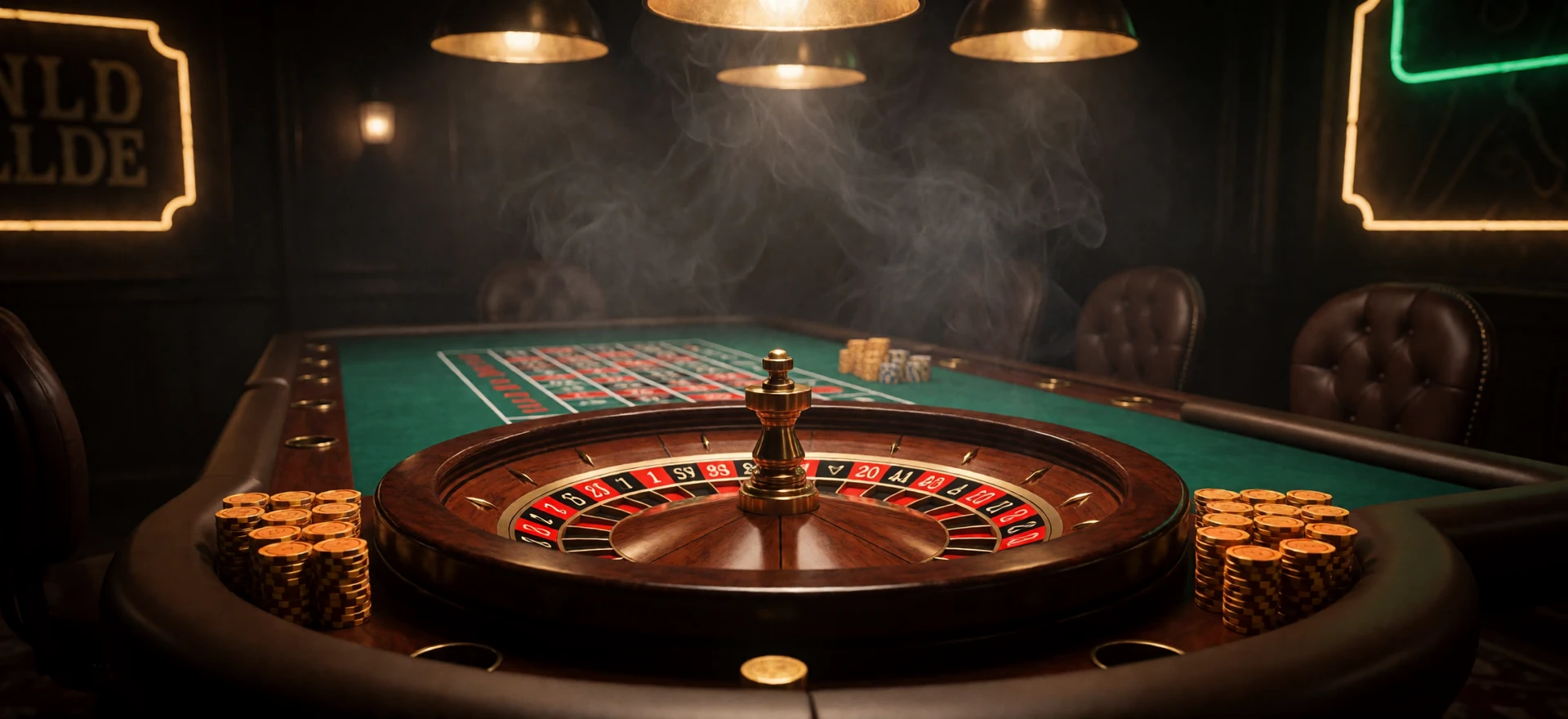 Eleganter Live-Casino-Roulettetisch mit goldenem Licht im dunklen Saloon-Ambiente des Lizaro Live Casinos