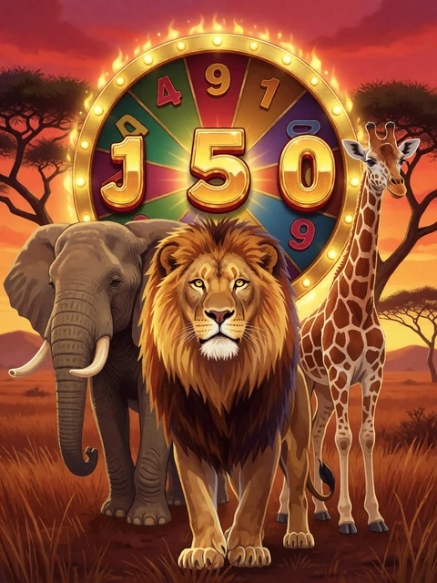 Mega Moolah Jackpot Slot mit Safari-Tieren und goldener Gl&uuml;cksrad-Savanne