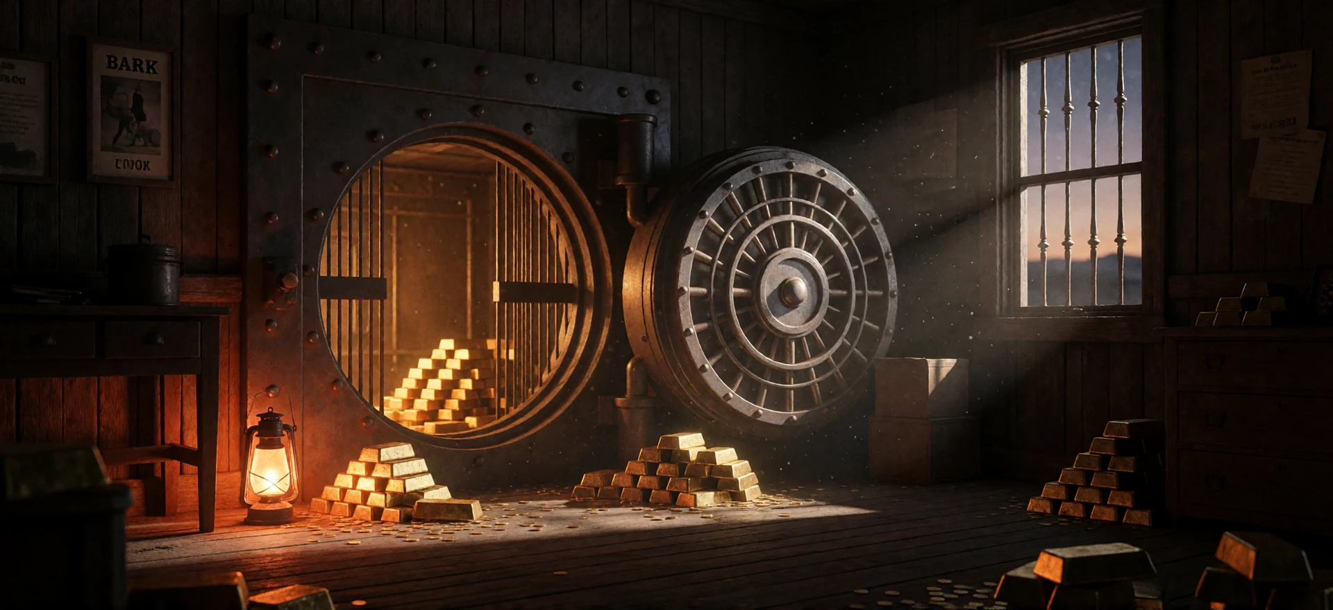 Ge&ouml;ffneter Banktresor einer Western-Geisterstadt mit Goldbarren und M&uuml;nzen im Lizaro Bonus-Design