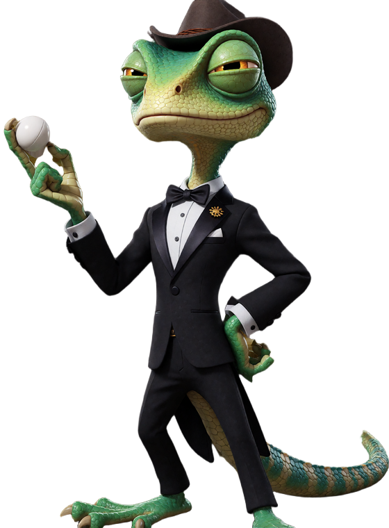 Lizaro Maskottchen als eleganter Croupier im Smoking mit Cowboyhut und Roulettekugel in der Hand