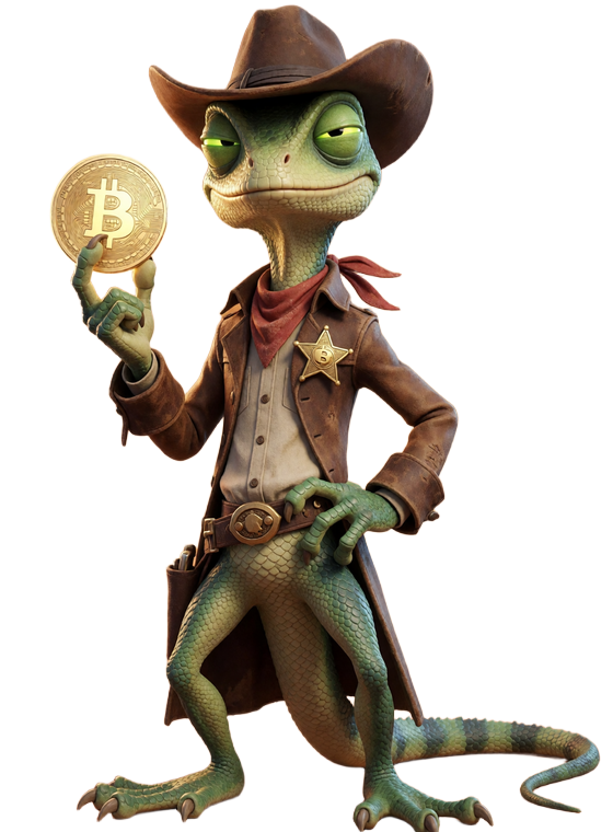 Lizaro Maskottchen: Echsen-Cowboy h&auml;lt eine leuchtende goldene Bitcoin-M&uuml;nze - Krypto-Auszahlung