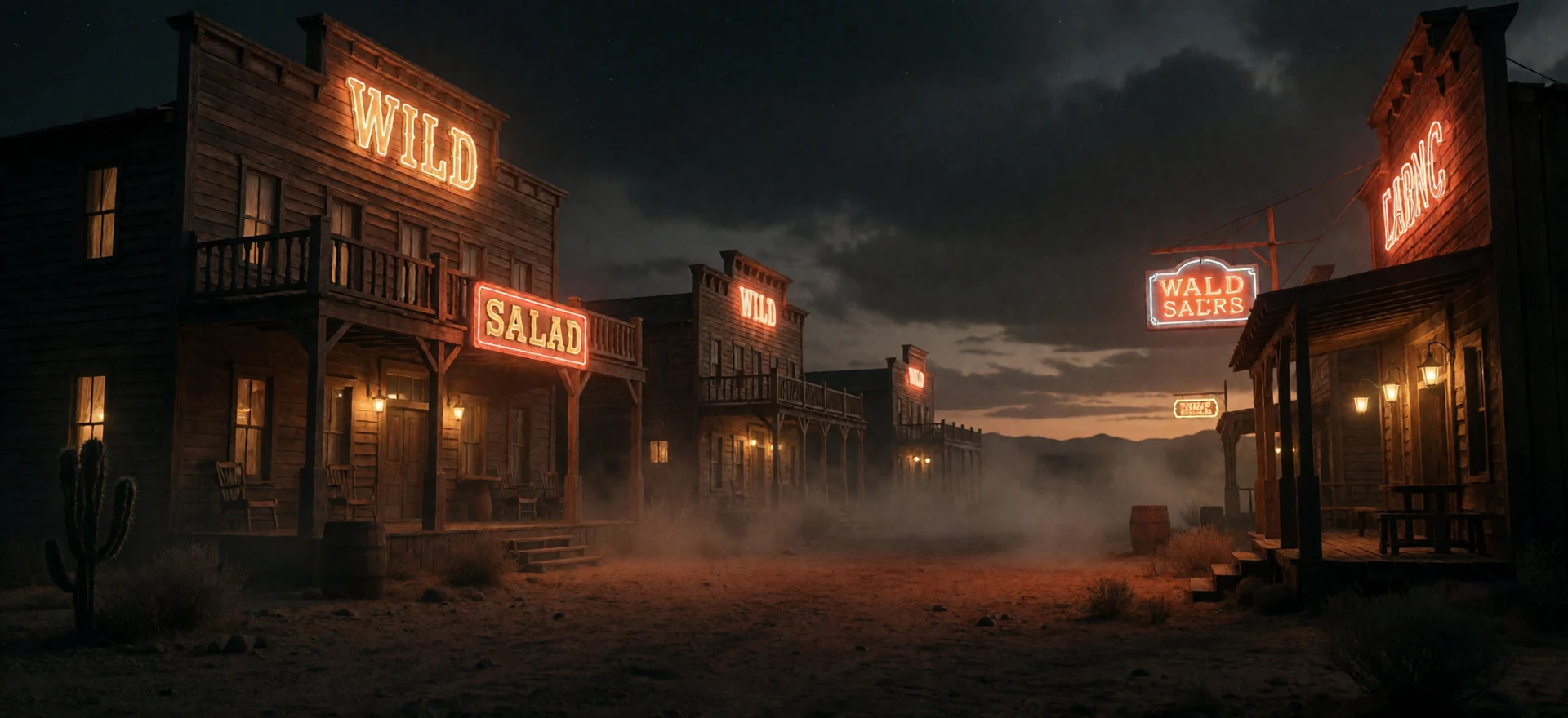 Wild-West-Saloonstra&szlig;e bei Mitternacht mit leuchtenden Neonlichtern im Lizaro Casino Stil